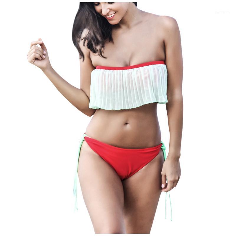 

2020Sexy Woman Bandage Split Swimsuit Solid Color Camisole Ruffle Bikini Swimsuit Push Up Thick Bra Beach Bikini Set1