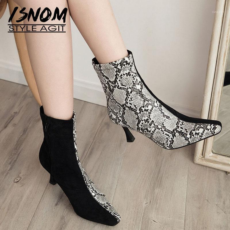 

ISNOM Snake Skin Boots Women Sexy Ankle Boots Square Toe Shoes Female Party High Heels Shoes Ladies Winter 2020 Plus Size 431, Brown
