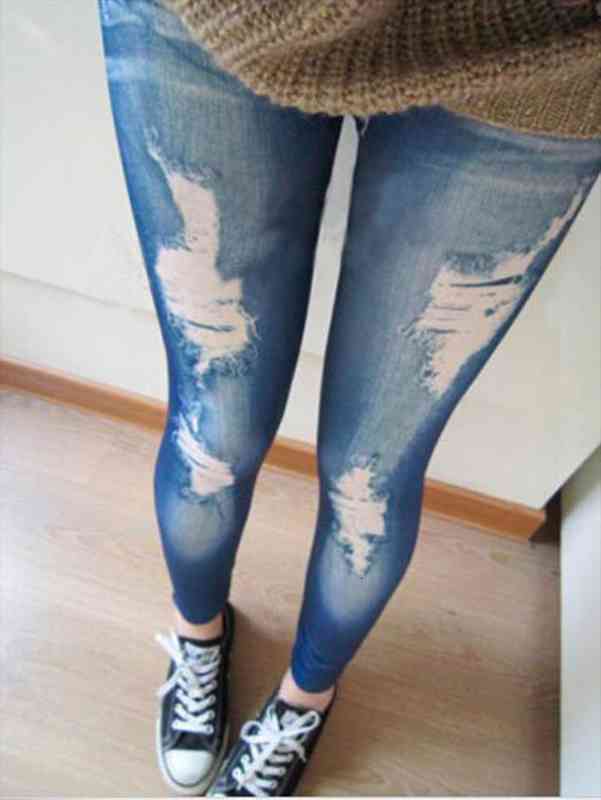 

Women Leggings Fashion Destroyed Leggings Jeans Look Jeggings Stretch Skinny Laddy Jeans Black blue