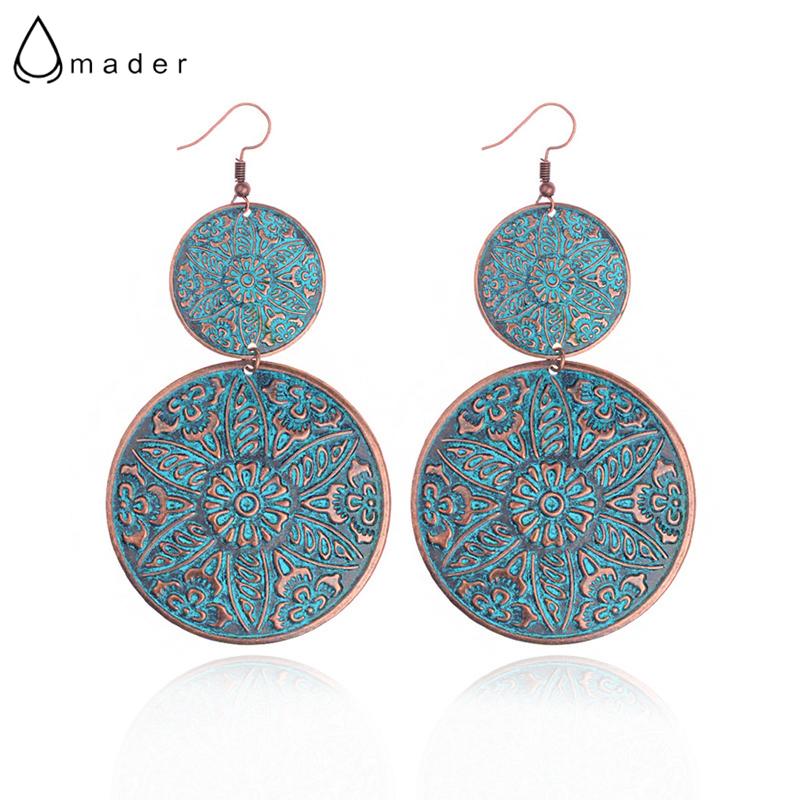 

Amader 2020 Two Big Round&Flowers Shape Dangle Earrings For Women Antique Verdigris Geometric Earrings Vintage HQE539