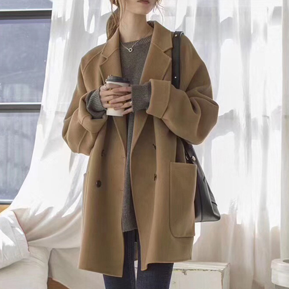 

2021 New Autumn Winter Overcoat Double-sided Cashmere Korean Style Lazy Loose Simple Literary Wool Women Coat Tide XUVK, Khaki
