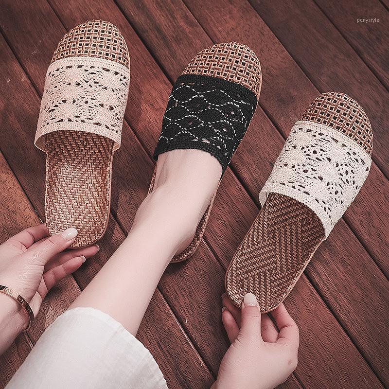 

Suihyung Women Linen Slippers 2020 New Design Ladies Casual Slides Lace Sandals Flats Flax Hollow Flip Flops Summer Indoor Shoes1, Beige