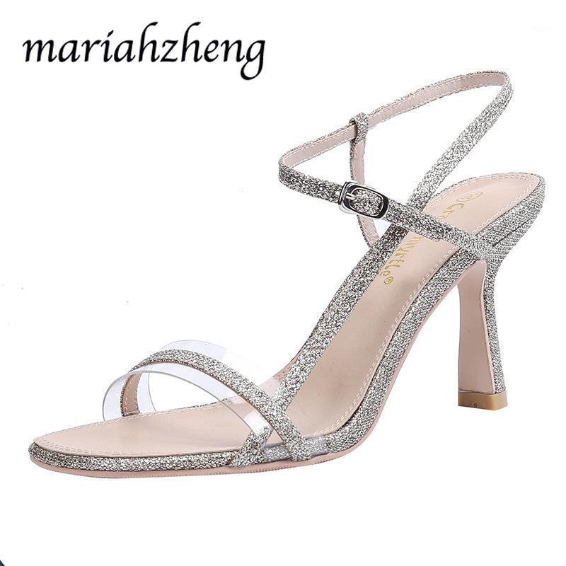 

Meriahzheng 8CM 2020 Summer Fashion Shallow Mouth Buckle Transparent Fine Heel Women Sandals Sequin High Heel Women's Shoes TWS1, Gold