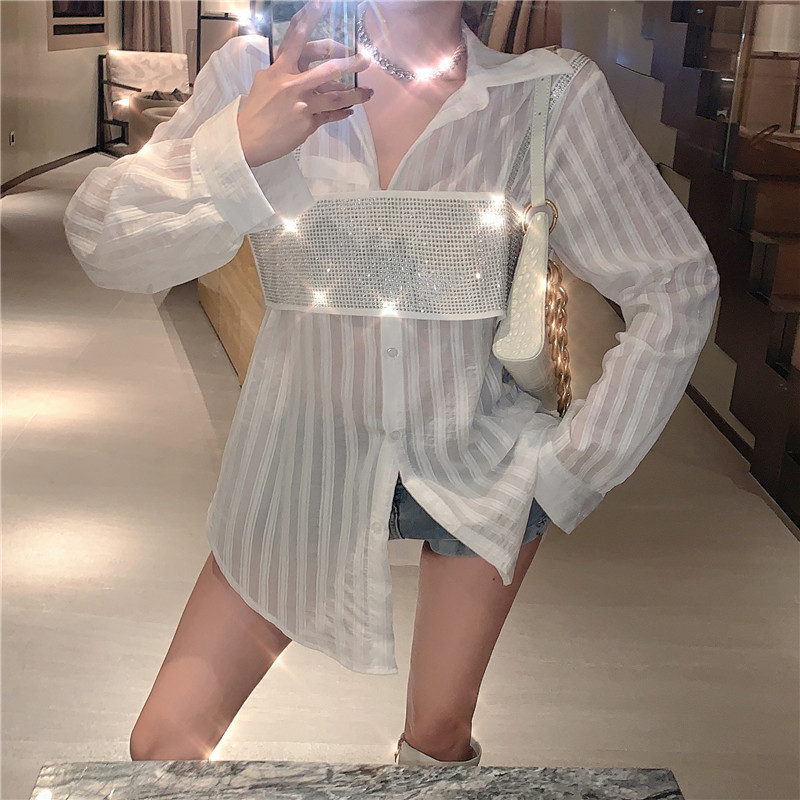 

2021 New Mode Female Shirts Two Pieces Striped Sequins Chic White Blouse Blingbling Loose Tops Korean Fashion Clothes 0Q4P, Multi