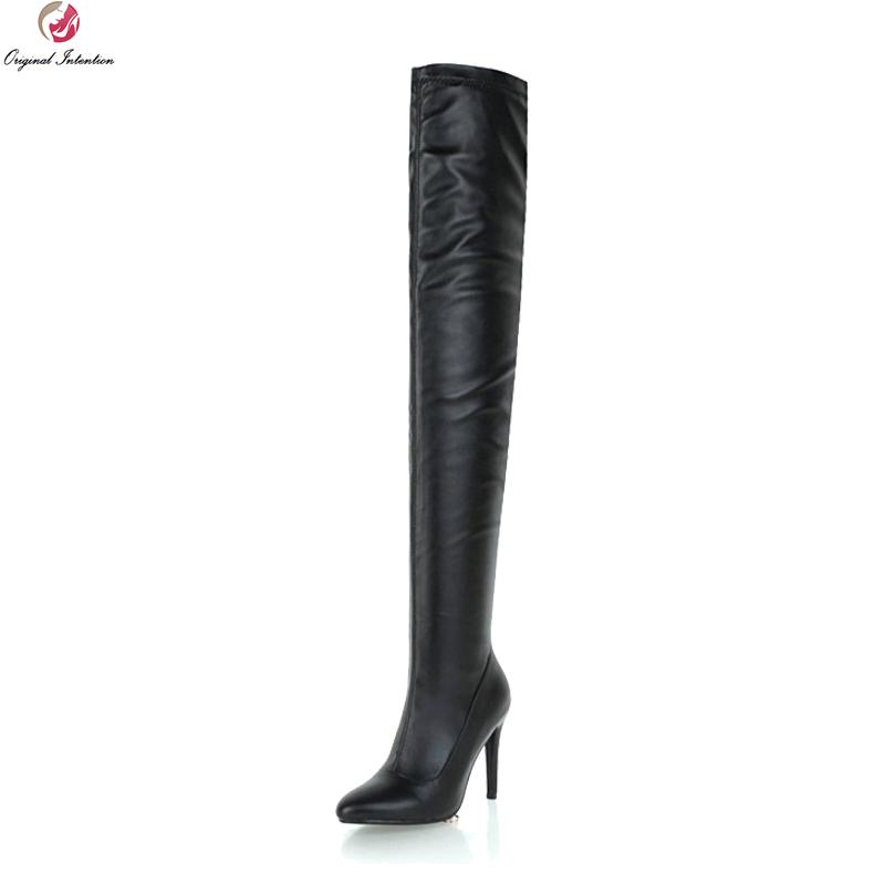 

Original Intention Fashion Women Thigh High Boots Pointed Toe High Heels Boots Black White Ladies Shoes Woman Plus US Size 3-16, Ef1388 white