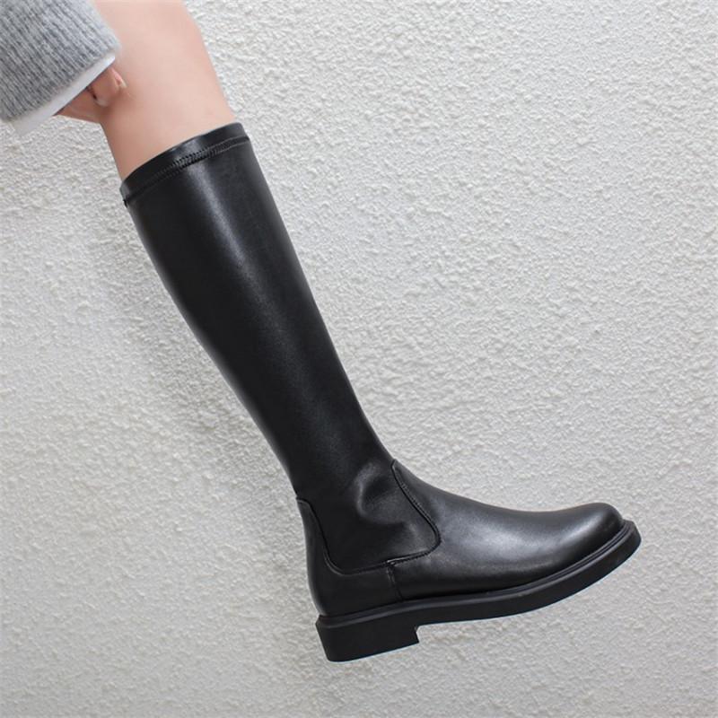 

PXELENA 2020 Autumn Winter Shoes Women Stretch Knee High Riding Boots Low Heels Slip On Knight Motorcycle Army Boots 43, Black winter