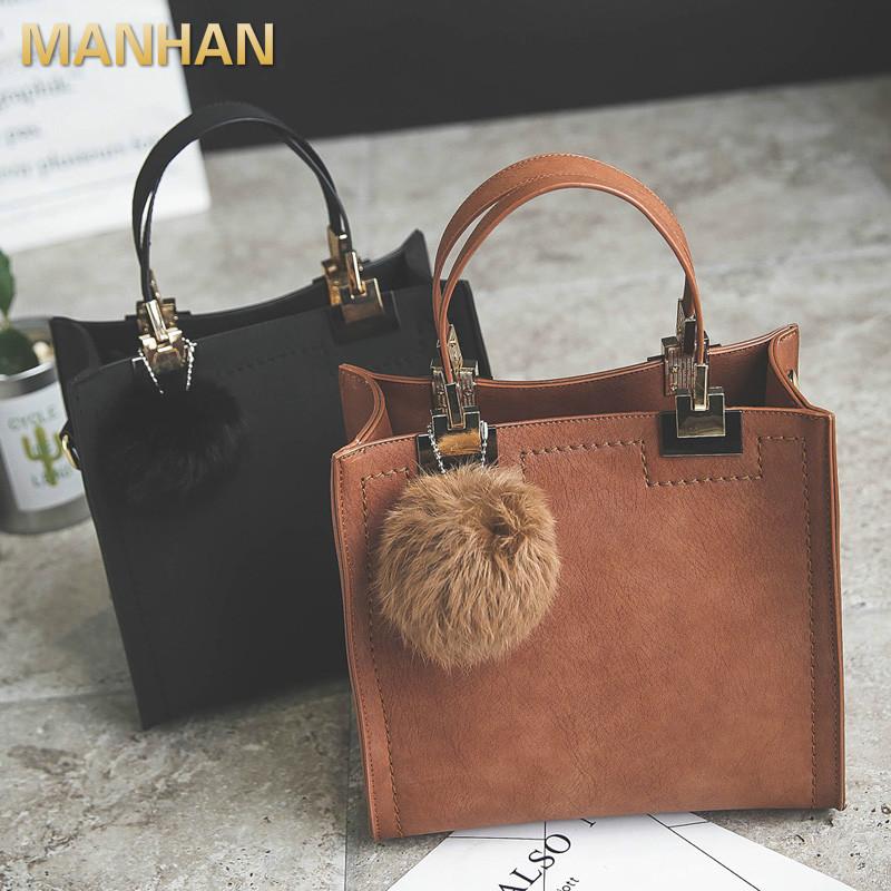 

NEW HOT SALE Handbag Women Casual Tote Bag Female Large Shoulder High Quality Suede Leather Handbag with Fur Ball, Black