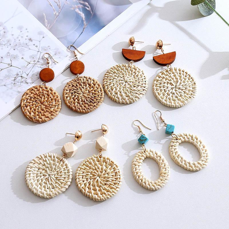 

Fashion Bohemian Handmade Wooden Straw Woven Vine Rattan Knit Drop Earrings For Women 2020 Boho Round Geometric Long Earring1