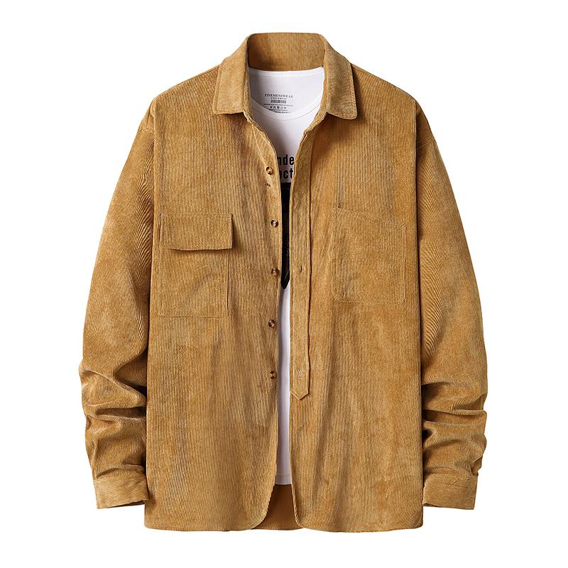 

Men Corduroy Casual Shirts Long Sleeve Turn down Collar Button down Shirt Autumn Winter Solid Color Plain Pockets Top for Men, Black