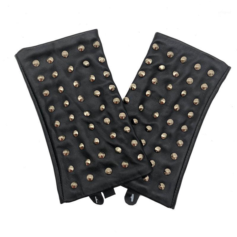 

Five Fingers Gloves RY852 Women Novelty Soft Real Sheepskin Fingerless Black Femme Leather Golden Rivets Hip Hop Locomotive Mittens1
