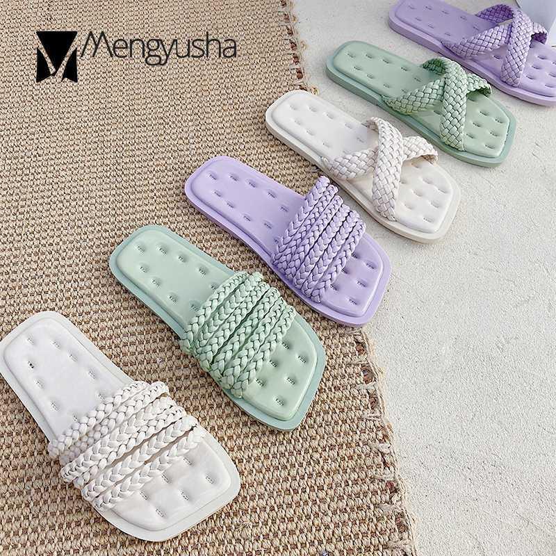 

Handmade knitted square toe women sandals soft bottom open toe slippers sweet solid cross band weave flats sandalias mujer 20201, 2 purple
