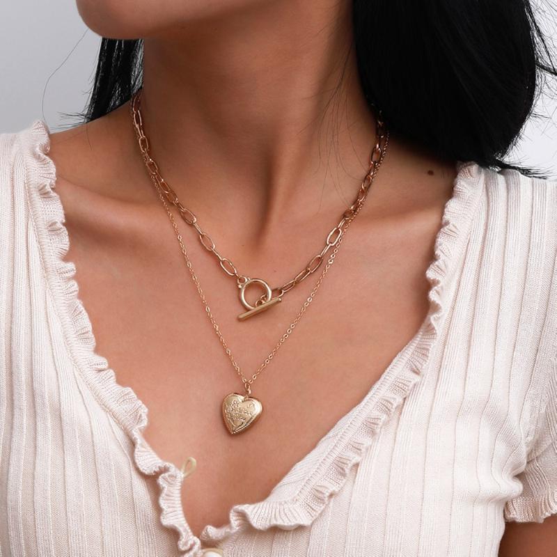 

2Pcs/Set Simple Style Toggle Clasp Gold Color Necklace for Women Goth Heart Shape Pendant Necklace Statement Jewelry Gift