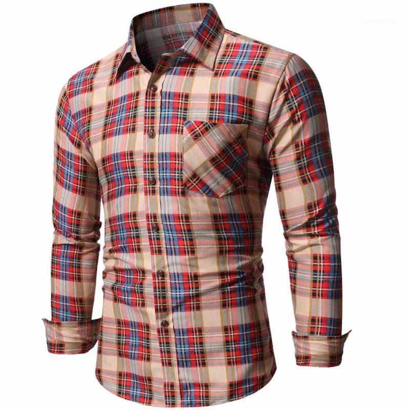 

Men's Plaid Beige Shirt Casual Button Down Long Sleeve With Pocket Shirt Breathable Turn Down Collar Slim Fit Top Male Blouse1