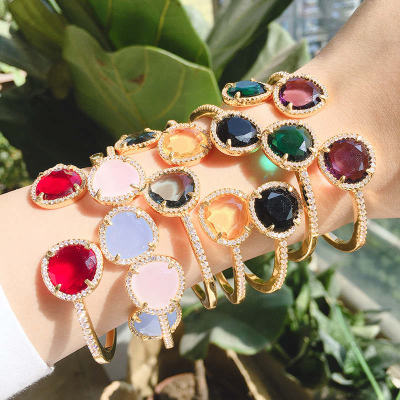 Gold Bracelet Womens Bracelets ins self designed jewelry new gem candy color stone bracelet triangle opening bracelet women bangle wholesale-image-653118559