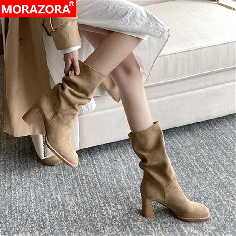 

MORAZORA 2020 Big size 34-40 new fashion square toe high heels women shoes solid color winter mid calf boots for woman black
