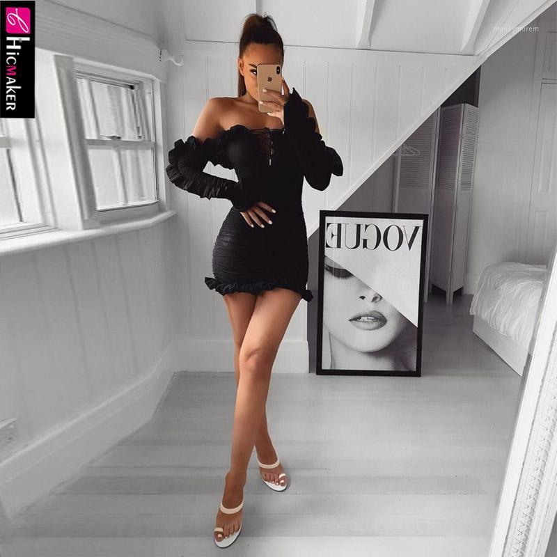 

Solid Lace-Up Off Shoulder Ruffles Ruched Dress Women Black Long Sleeve Slim Spring Fall Sexy & Club Vestido1