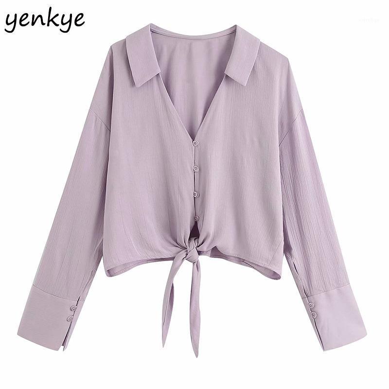 

Women's Blouses & Shirts Vintage Solid Color Flowy Blouse Shirt Women V Neck Long Sleeve Hem Knot Summer Streetwear Plus Size Chemise Femme1, As pic