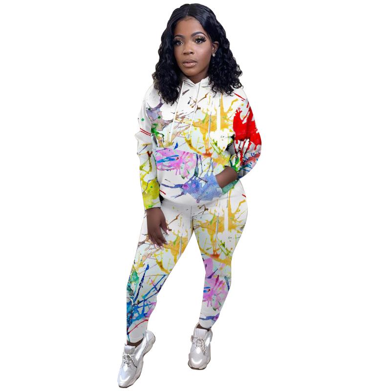 

Women' Tracksuits Print Women Two Piece Set Sports Leisure Lounge Sportwear Hooded 2 Pieces Fashion Outfits Top And Pants, As pic