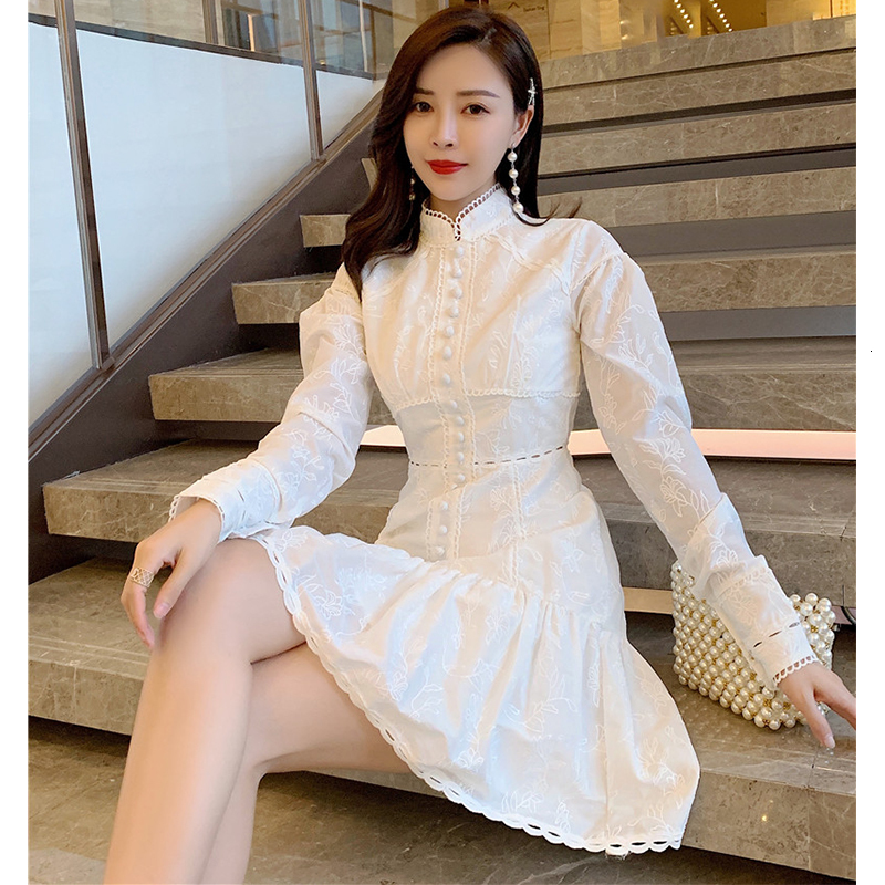 

Solid Single-breasted White Woman Dressed in Mango-long Neck High Waist-neck Vintage Elegant Ladies Mini Girly Dress Laiy