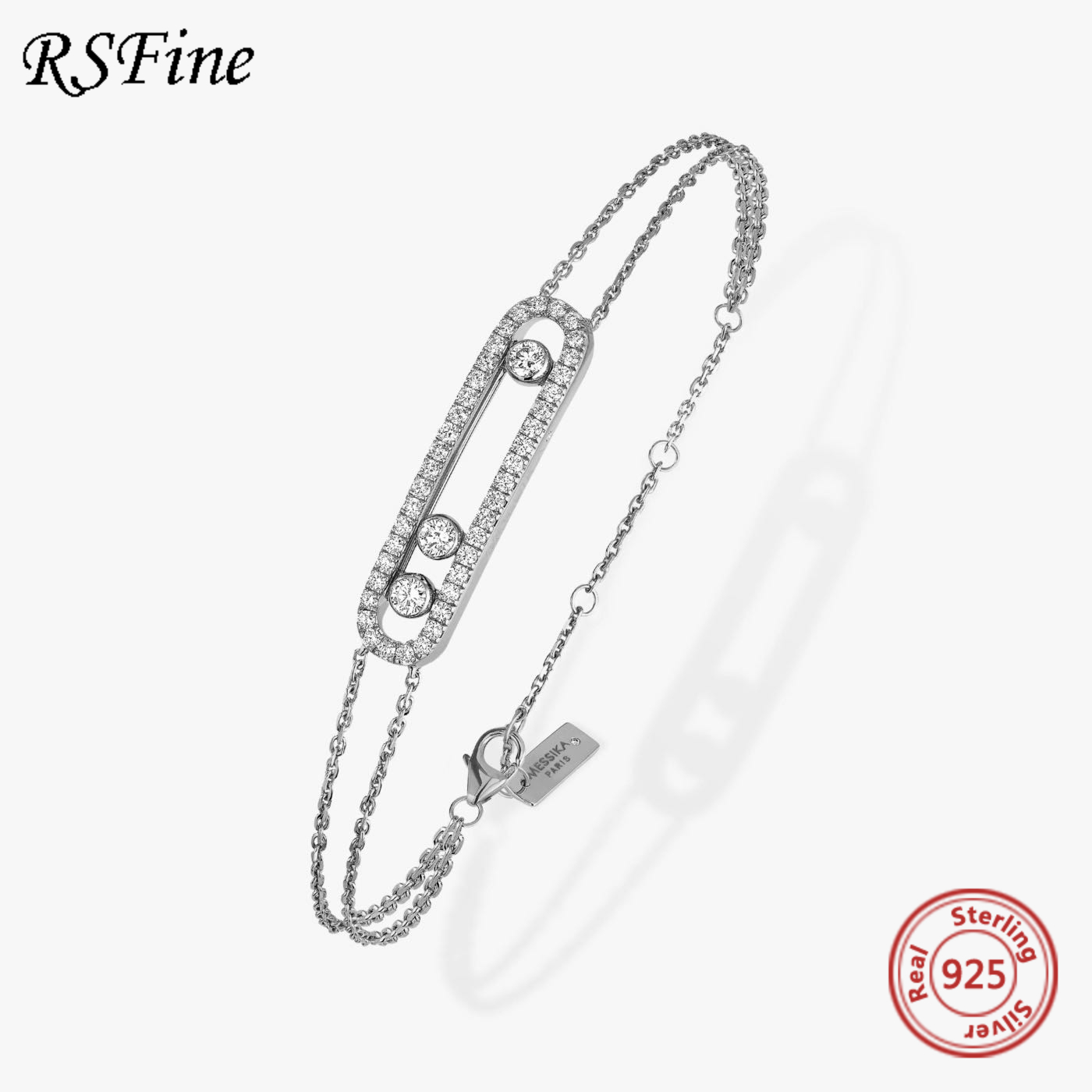 

France Real 925 Sterling Silver messika Bracelet With Three Moved Stone Clear CZ For mother Women Fine famous brand Jewelry C0412