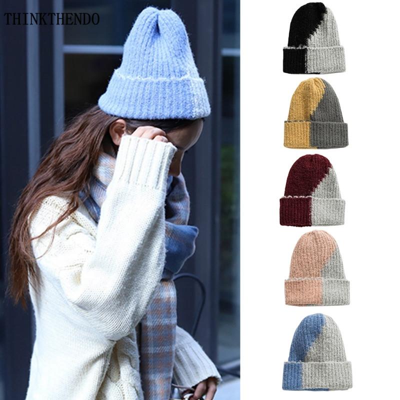 

Men Women Winter Warm Ribbed Knitted Stretchy Beanie Hat Color Block Outdoor Sports Snow Ski Harajuku Cuffed Skull Cap, Wr