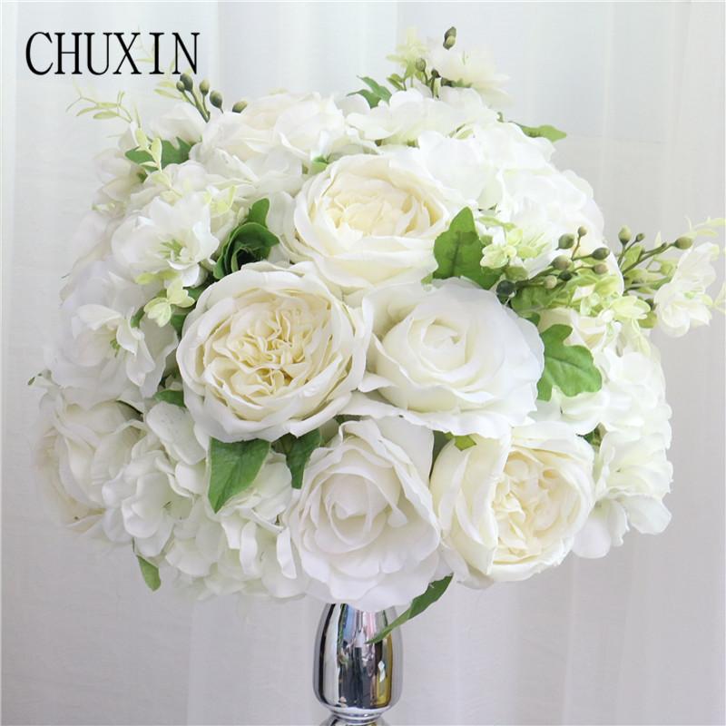 

New Homemade pink rose peony flower ball home living room decoration Wedding reception table road lead decoration fake flower, Pink whtie 35cm
