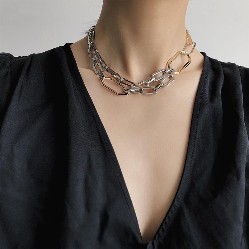 

2021 New Geometric Irregular Hit Color Splice Double Layer Flat Chain Choker Metal Necklace for Women Party Punk Jewelry
