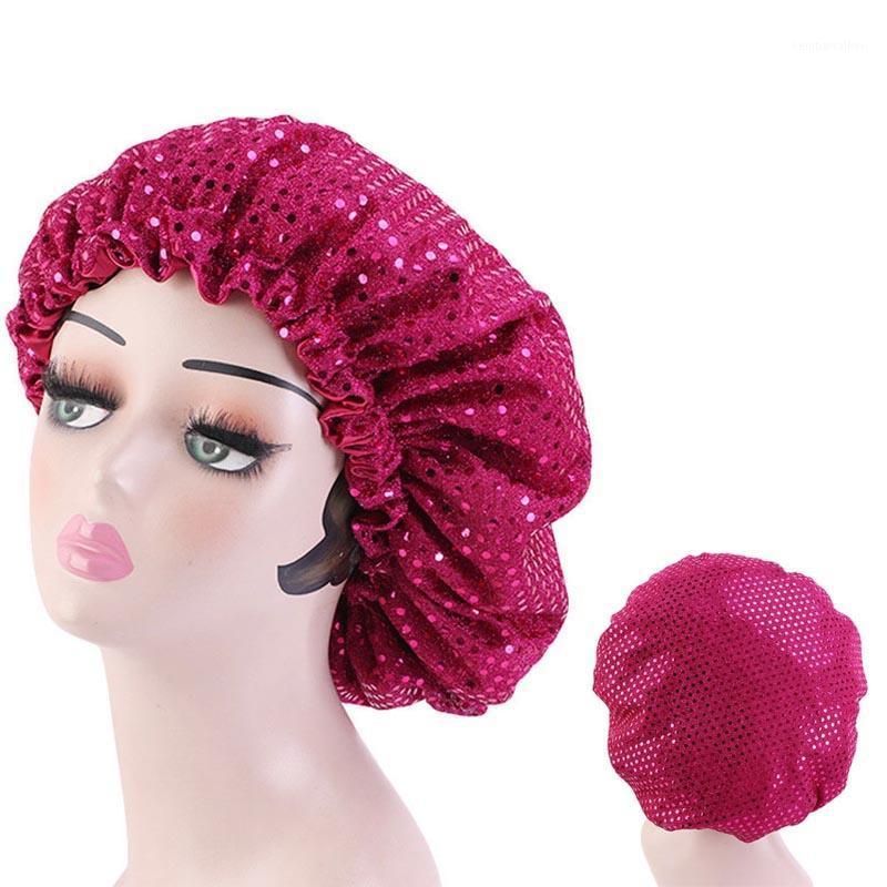 

Beanie/Skull Caps Satin Night Sleep Cap 2021 Women Sequined Elastic Bonnet Hat Head Cover Adjust Hair Loss Curly Springy Styling Accessories, Purple