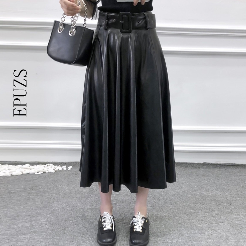 

Winter woemn long skirt vintage black PU leather skirts Womens Streetwear belt Pleated Skirt female Casual high waisted skirt Y200326