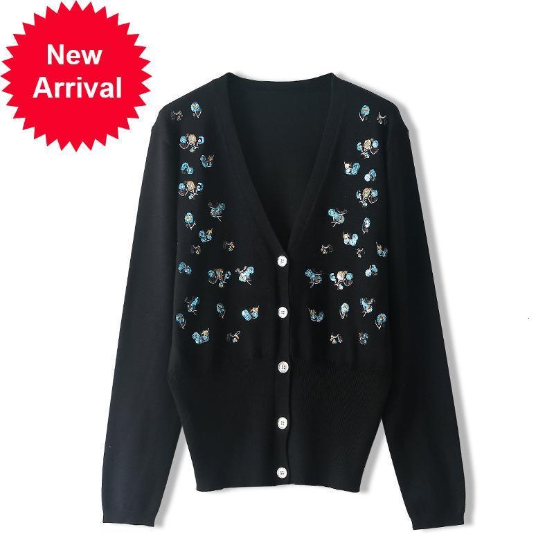 

Autumn 2021 New Embroidered Cardigan Mesh Sequins Women' Jacket with Cut-off Cleavage Top Thin-fit Sweater Fine and Versatile CWRN, Black