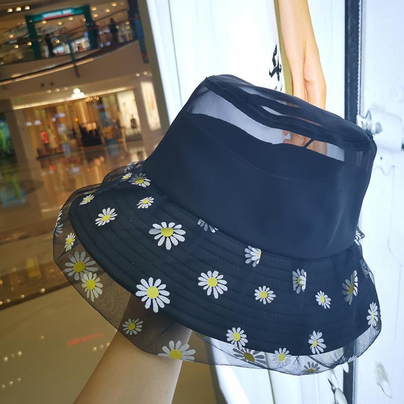 

Summer Thin Mesh Daisy Print Fisherman Hat Breathable UV Protect Beach Seaside Holiday Visor Caps Hipster Sunbonnet Bucket Hats1, Black