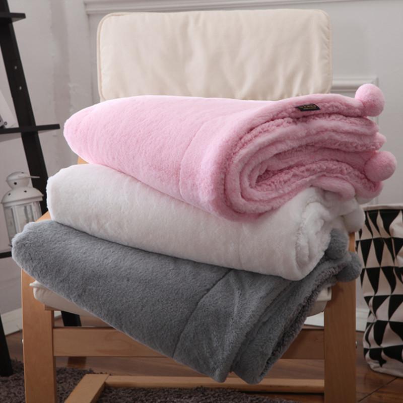 

Super Soft Faux Hair White Throw Blanket for Girls Gift Cozy Couch Blanket with Pom Poms