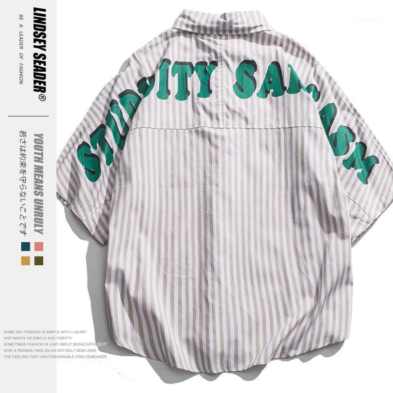 

Lindsey Seader Turn-down Collar Striped Letters Shirts Men Short Sleeve Street Fashion Printed Shirts Streetwear Clothing Man1, Grey