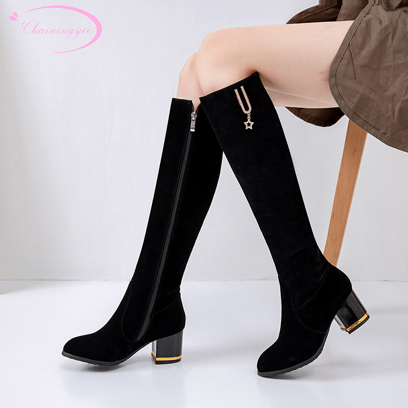 

Party style slimming flock knee-high boots fashion crystal metal zipper black high-heeled chunky riding boots women's shoes