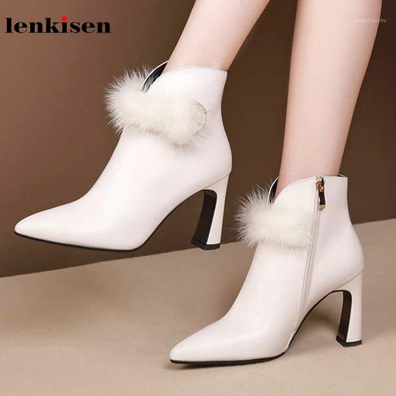 

Lenkisen high quality genuine leather fashion cute plush pointed toe super high heels wedding winter women warm ankle boots L701, Beige