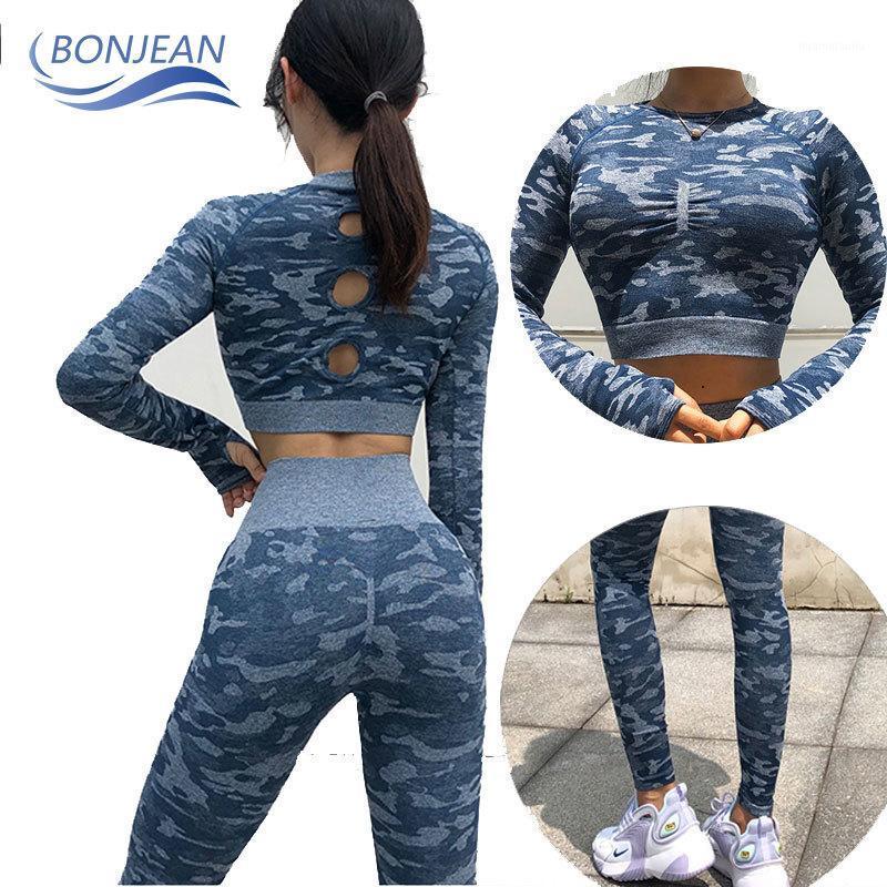

Workout Clothes for Women Camouflage Yoga Set 2 Piece Gym Fitness clothing Long Sleeve Crop Top Legging Pants Running Sport suit1, Blue top