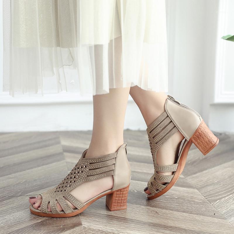 

Roman Shoes Women Spring Summer Low Chunky Heel Pointed Toe Side Zip Pumps Short Ankle Sandals Hollow Out Retro Shoes# G1, Gold
