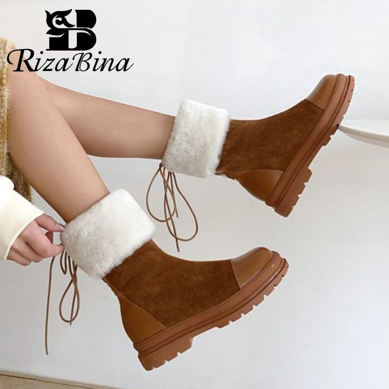 

RIZABINA 2021 New Shoes Real Leather Ankle Boots For Women Round Toe Fur Warm Lace Up Shoes Ladies Footwear Winter Size 34-391, Black