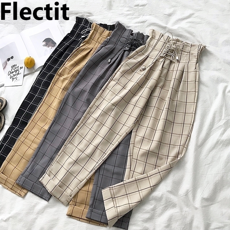 

Flectit Women' Plaid Pants Lace Up With Pocket Paperbag High Waist Ankle Pants Spring Summer Female Trousers * 201119, Khaki short