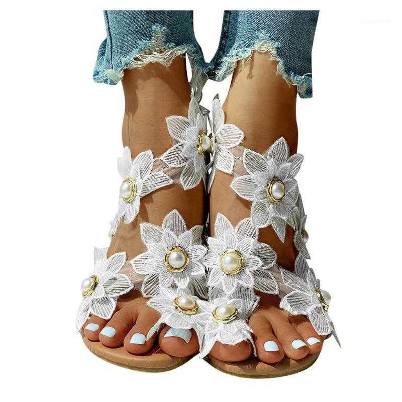 

Women Sandals 2020 Summer New Sweet Elegant Ladies Shoes Fashion Casual Floral Pearl Flat Sandals Toe Ring Beach Shoes Sandalias1, White