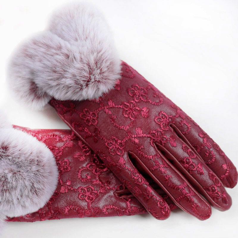 

Five Fingers Gloves Touch Screen And Suede Leather Ladies Otter Imitation Fur Mouth Autumn Winter Warmth D81