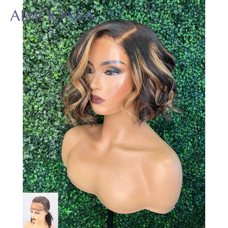 

Highlight Wig Human Hair Wavy Bob Wigs Lace Front Wig Pre Plucked Human Hair Wigs 1b 27 Blonde Colored Ombre 130 Remy, As pic