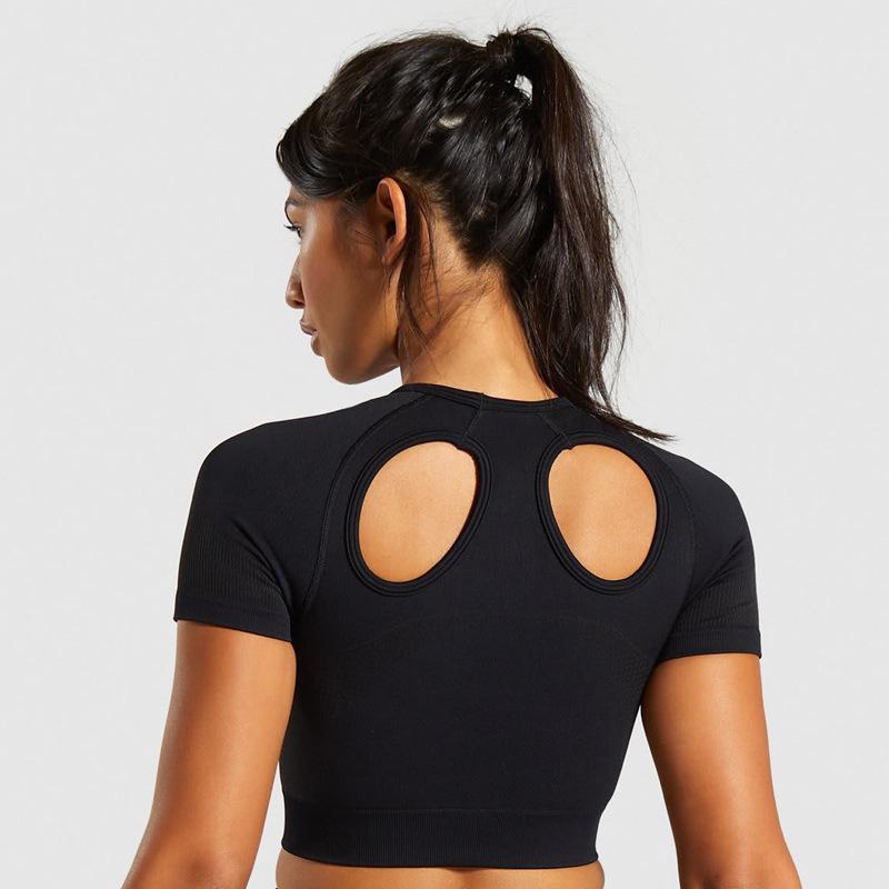 

2021 New Arrival Women Seamless Short Sleeve Shirt Solid Color Breathable Stretchy Quick Dry Hollow Out Fitness Sports Shirt, Orange