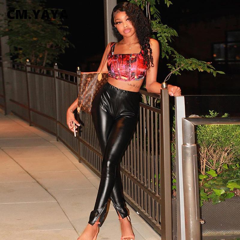 

CM. Fall Winter Faux PU Leather Women Pencil Pants Side Split Skinny Bodycon High Waist Tight Trouser, Black