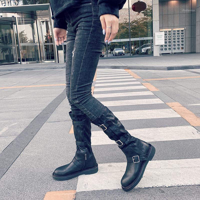 

For New knight boots locomotive flat thick bottom autumn and winter boots buckle high tube thin plus velvet1, Black plus velvet