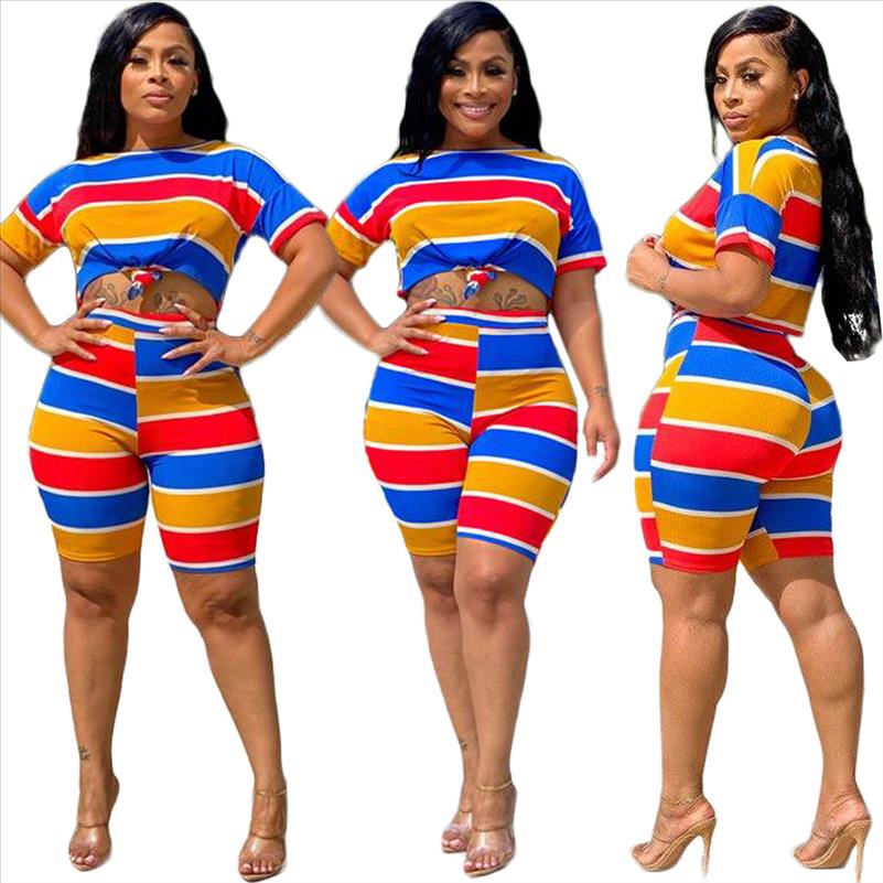 

Summer Listing Womens tracksuits Suit Colorful Striped Prints Casual T Shirt Shorts Two Piece Set Fashion Clothing, Gray