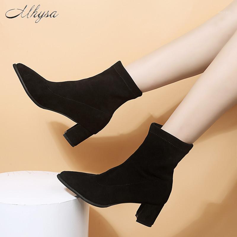 

2020 Winter Women's Boots Fashion Slip-on Black Mid-calf Boots Pointed Toe Suede-High Heel Square-Heel Women's Botas Mujer1