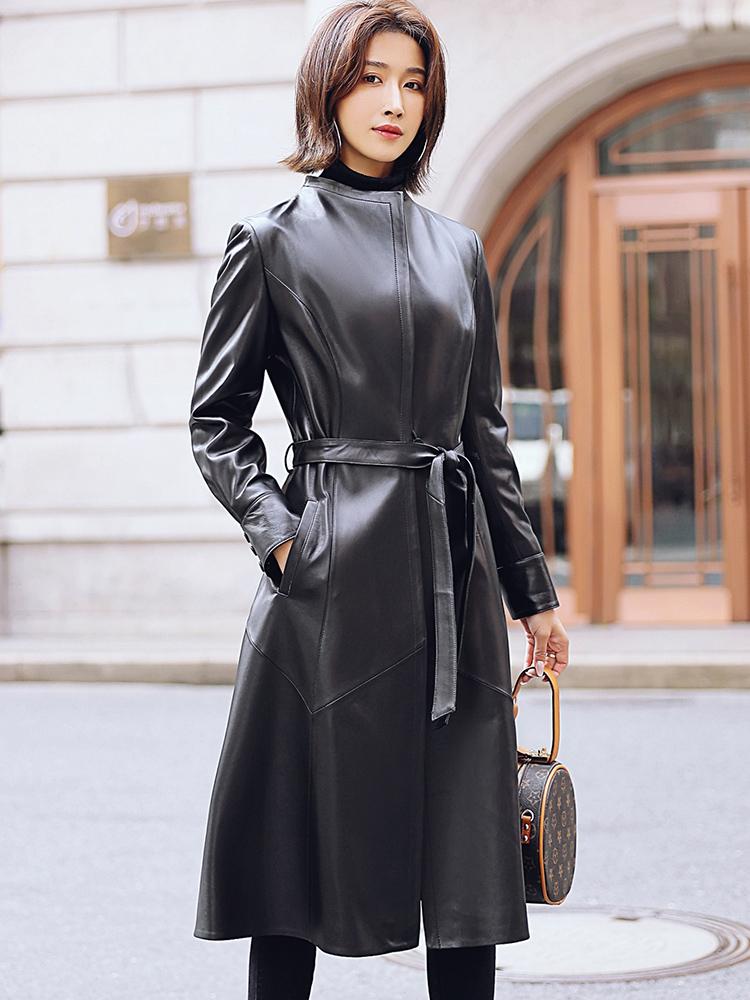

Simple Fashion Korean Sheepskin Coat Genuine Leather Jacket Women Long Slim Women's Windbreaker Jacket Cuero Genuino Zjt706, Black