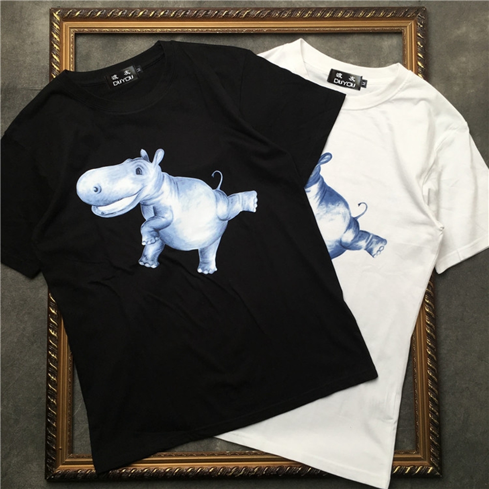 

Men' Short-sleeved T-shirt Cartoon Hippo Pattern Print Women Shirts|streetwear 1j0b, Black