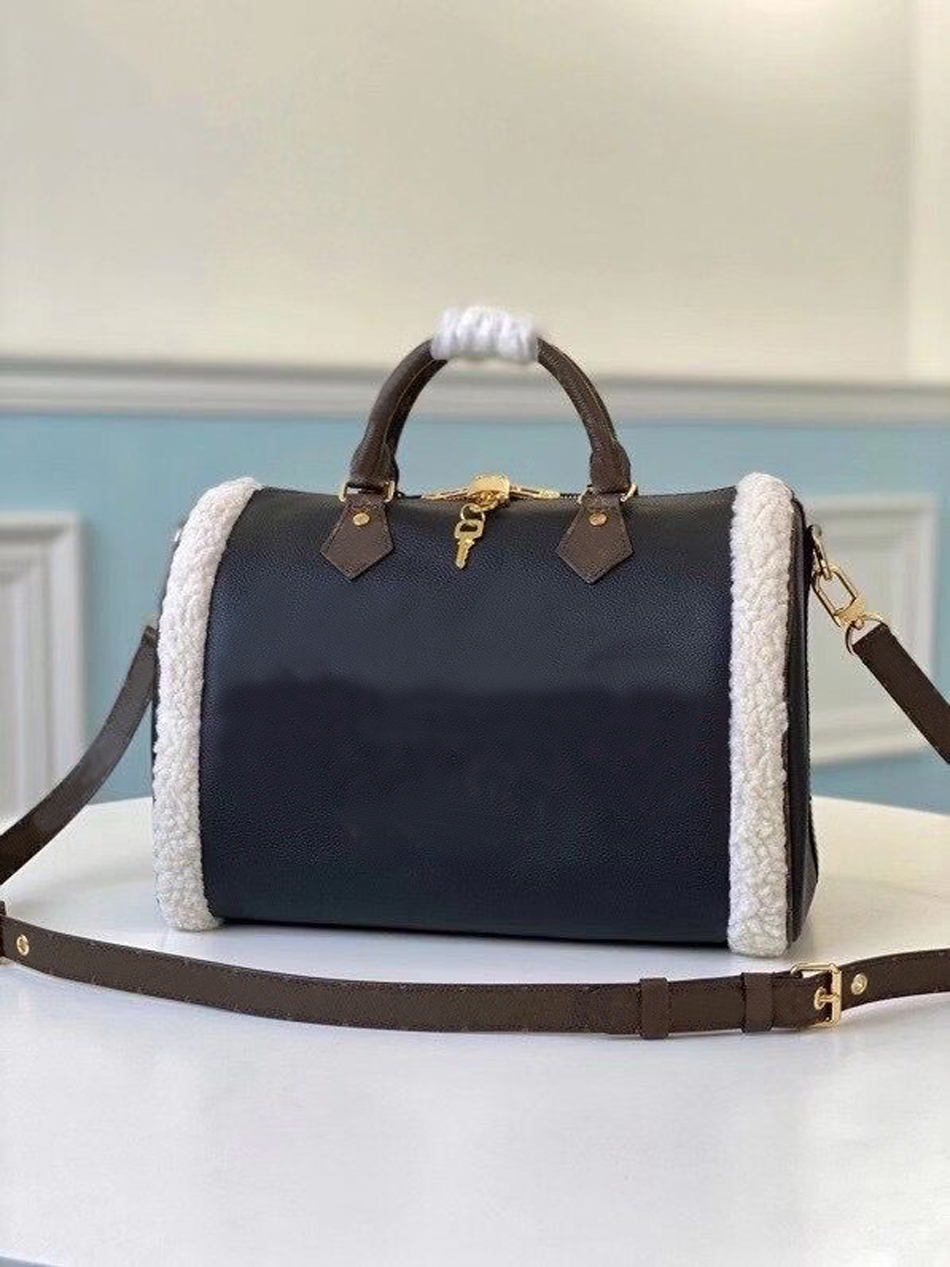 

M56966 Speedy Bandouliere 30 grained black leather canvas Flowers Embroidery applique motif padlock lady shoulder bag handbag bag travel bag